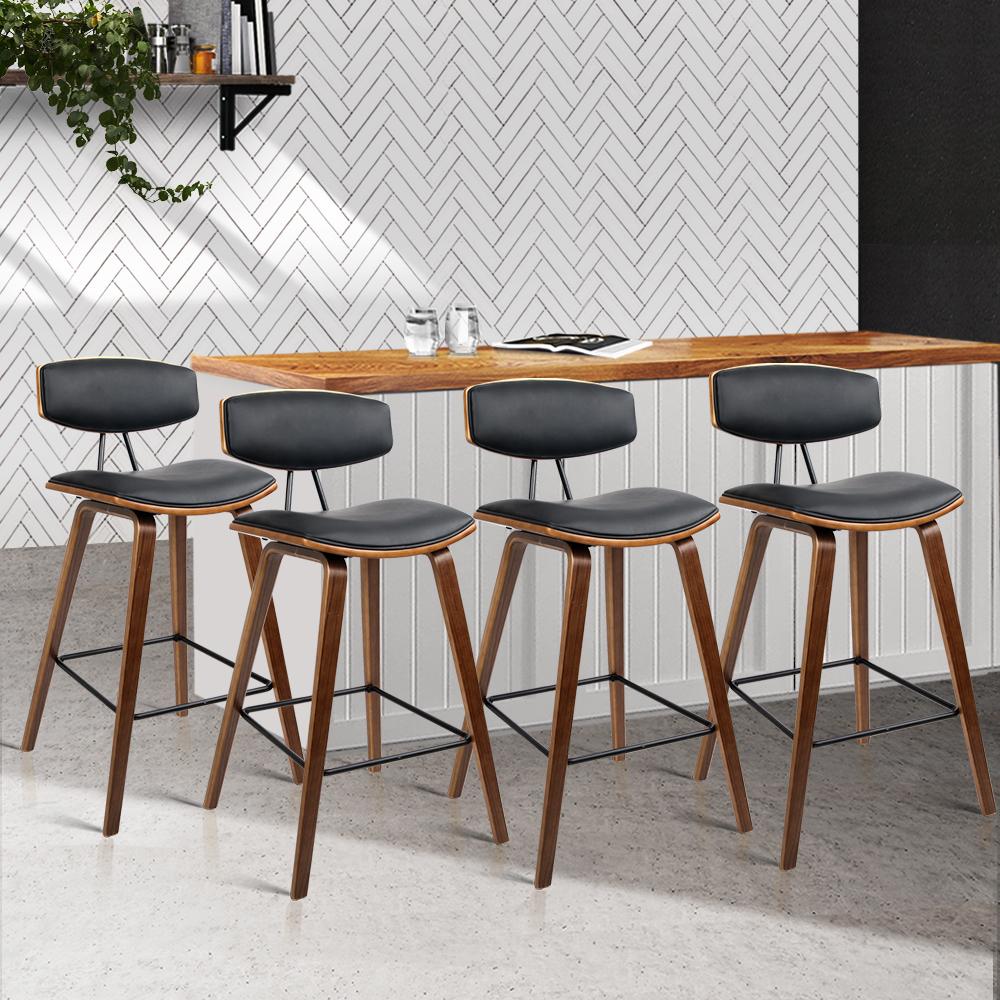 Artiss Set of 4 PU Leather Circular Footrest Bar Stools in Black with dark wood frame and chrome footrest, showcasing elegant design and comfort.